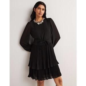 BODEN The Plisse Mini Dress Black Pleated Chiffon Tiered Ruffle Cocktail LBD 10